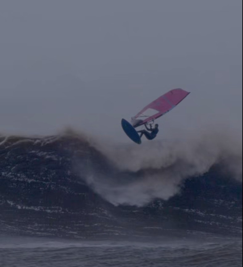 Marc Parè windsurfing, big aerial at Easkey Right, Ireland